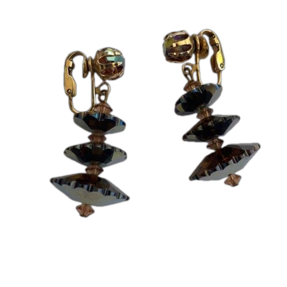 Flying Saucers Tiered AB Austrian Crystals Glass Disc Clip On Earrings